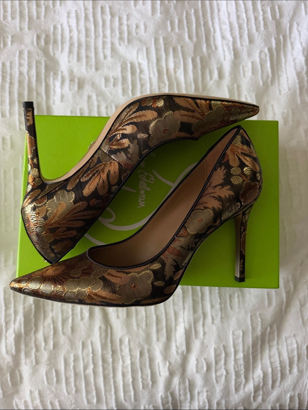 Sam Edelman Metallic Gold and Brown Floral Pointed Toe Hazel Pumps